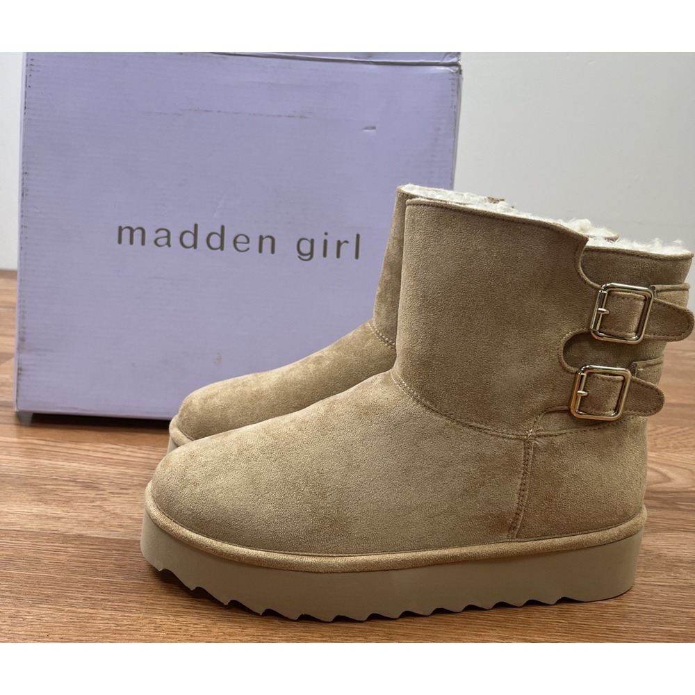 madden girl Praise Buckled Faux Suede/Fur Boots in Sand Fab Women's Size 8.5 NEW